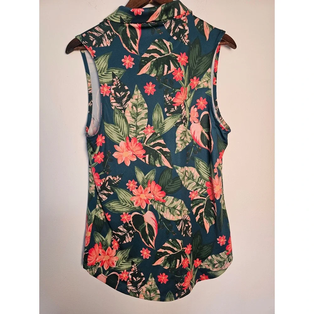 Tropical Bad Birdie Sleeveless Golf Polo Women XL Teal Floral Botanical Stretch - Picture 2 of 7